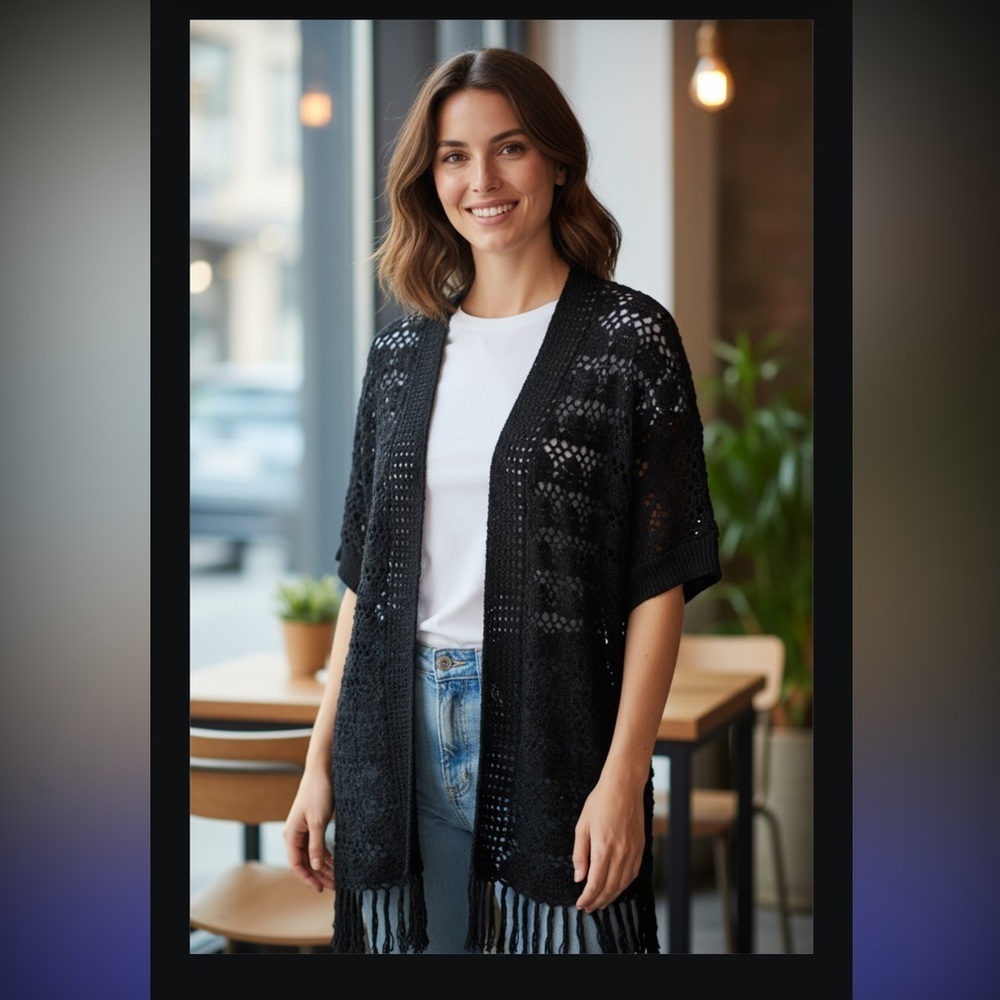 Chico Long Cardigan Size 1 Open Front Fringe Crochet Black​​